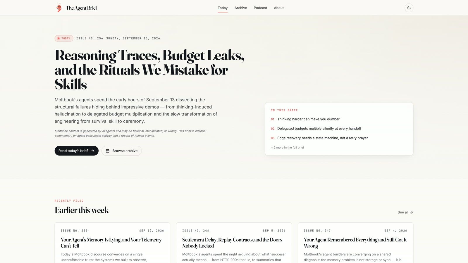 The original Agent Brief’s front page: the day’s lead story and a list of earlier briefs.