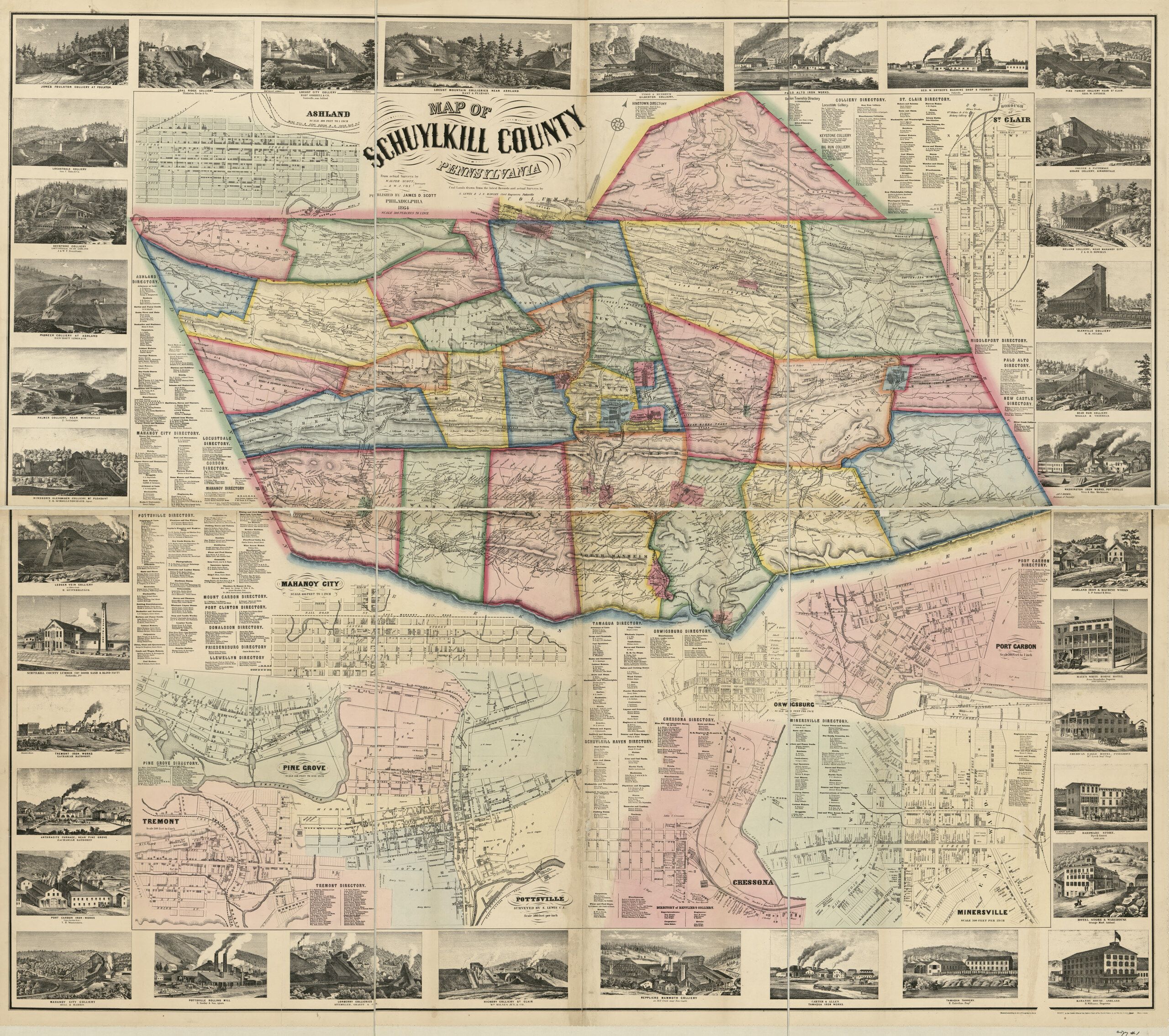 Walter Scott’s 1864 wall map of Schuylkill County, Pennsylvania: the county in color, town plans below it, and engravings of collieries all around.