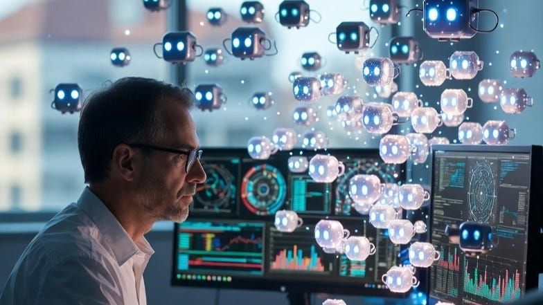 Illustration from the essay: an engineer at a bank of monitors watches a swarm of small glowing robots stream past the window.