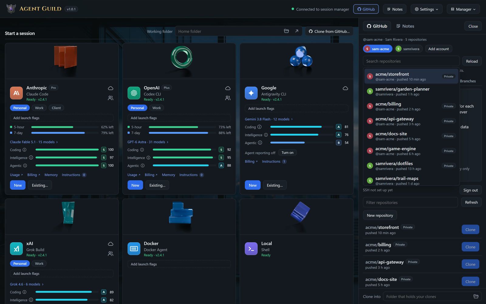 Agent Guild’s GitHub panel signed in to two accounts, its repository list drawing from both.