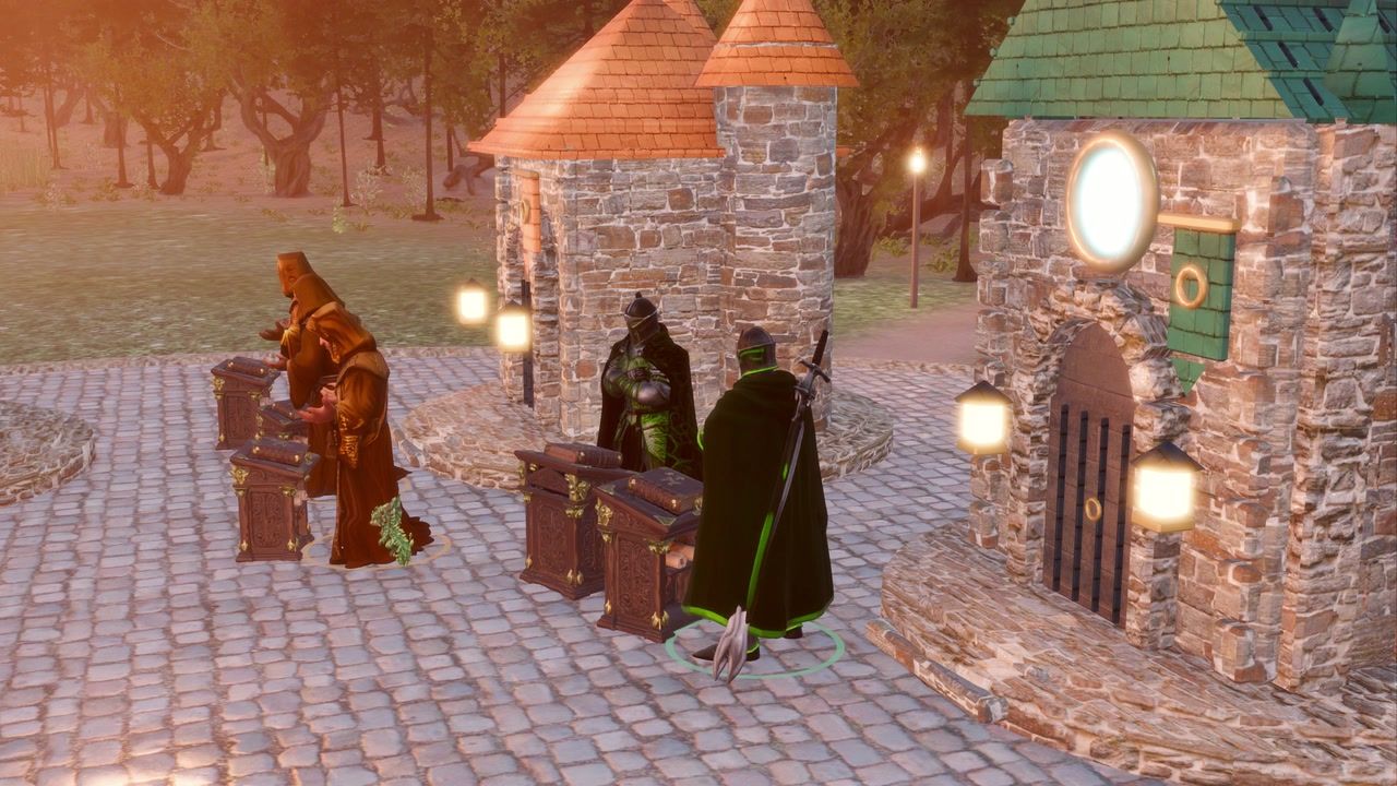 Agent Guild: World. The Guild Yard at dusk: robed characters at their consoles beside stone halls, one for each coding-agent session.