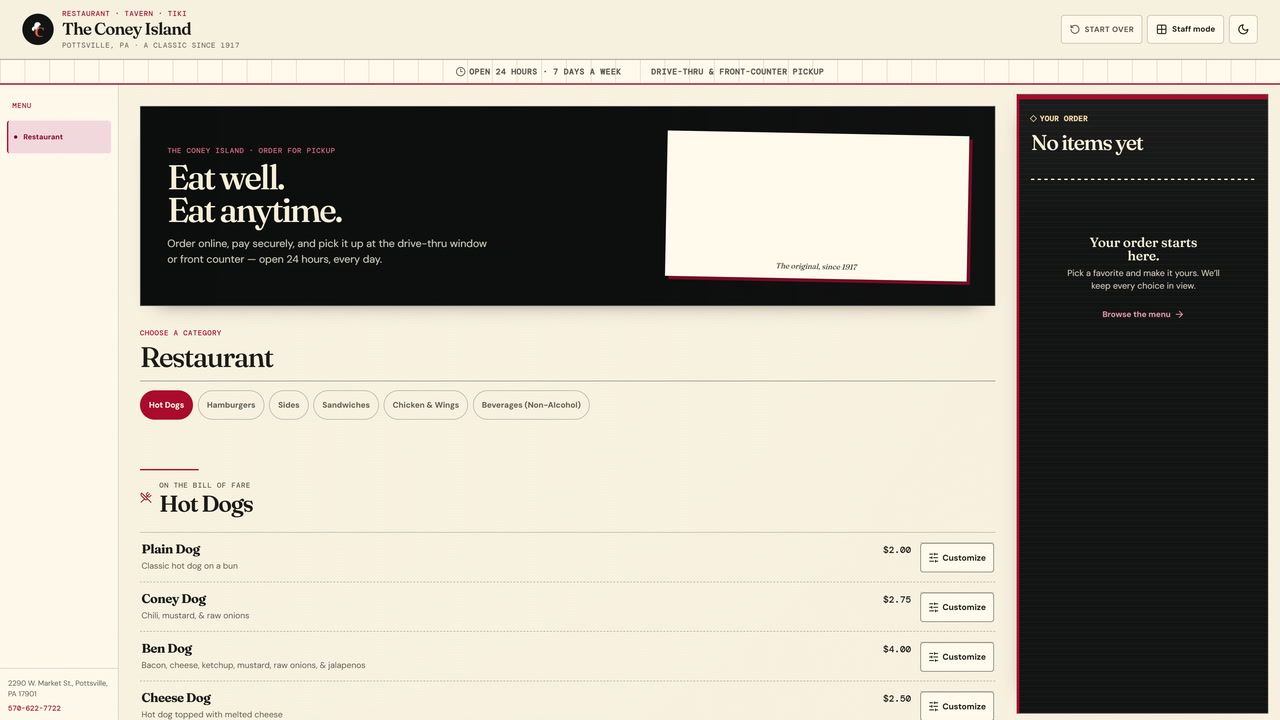 Online ordering: a short recording of order.coneyislandpottsville.com.