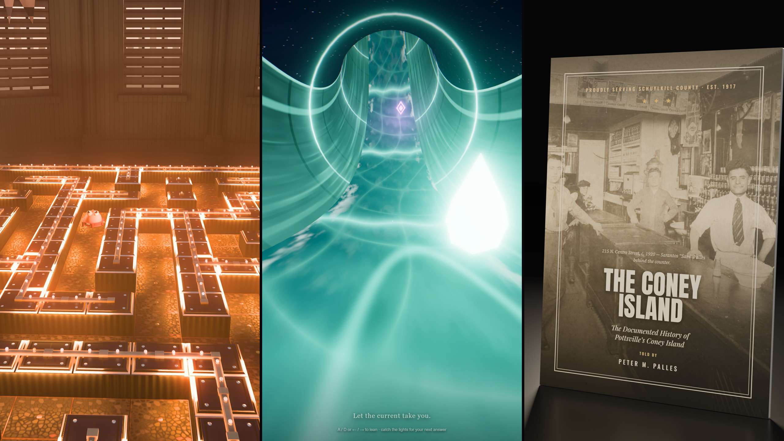 Stills from the trailer: The Maze of Time 3D, Nightwater, and The Coney Island paperback.
