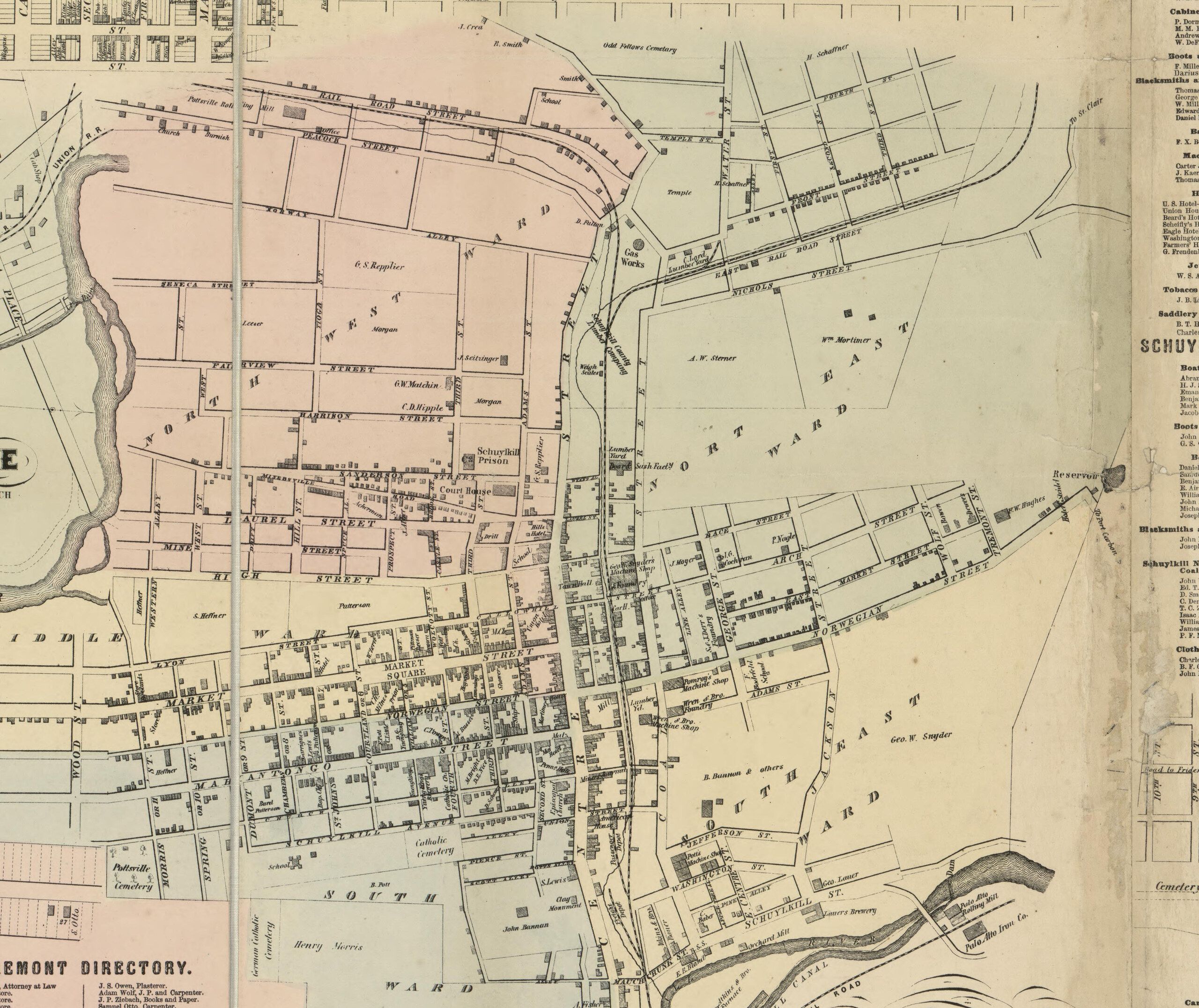 Detail of the same map: the Pottsville town plan, with Centre, Market and Norwegian Streets and the Court House.