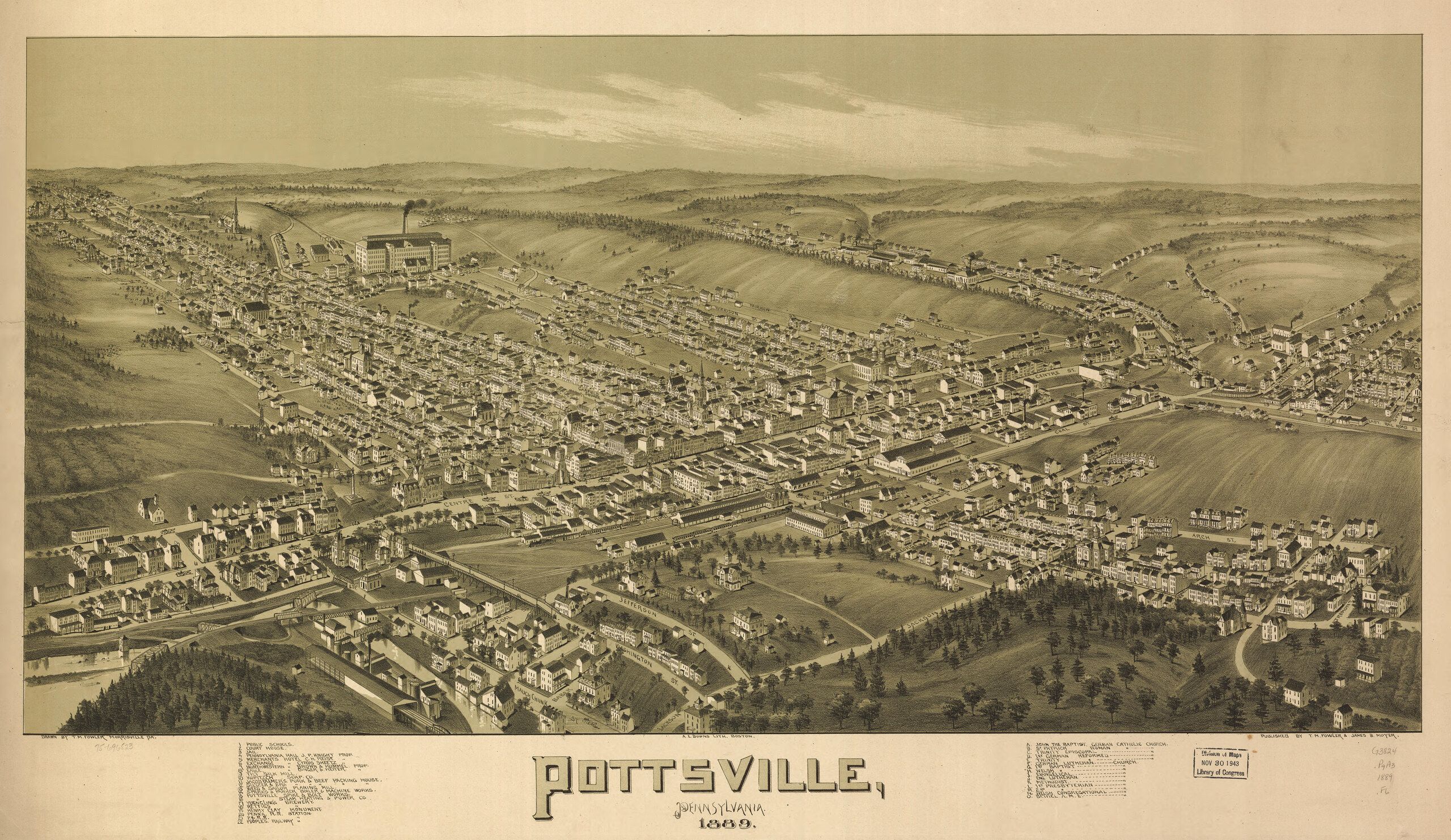 T. M. Fowler’s 1889 bird’s-eye view of Pottsville: rows of houses and churches along the valley, with rail lines and the canal.