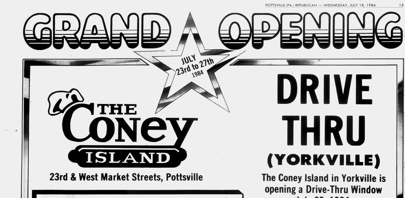 Scan: Grand Opening … Drive Thru (Yorkville), Pottsville Republican, July 18, 1984.